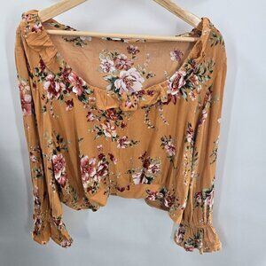 American Eagle Mustard Yellow Floral Cropped Long Sleeved Blouse XXL